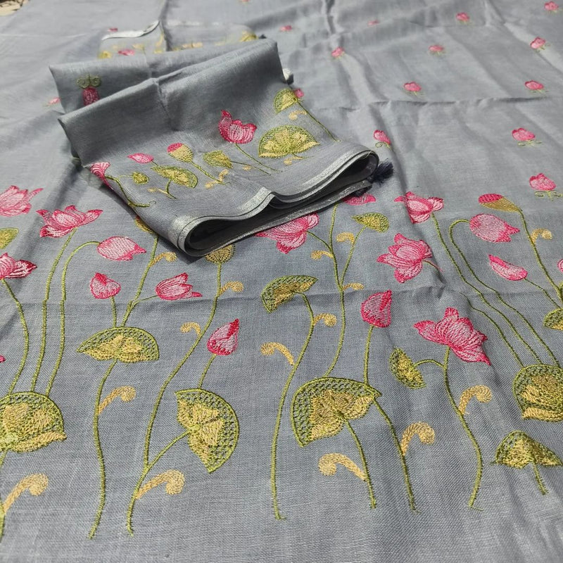 Pure Cotton Linen bhagalpuri Embroidered work Unstitched Suit.