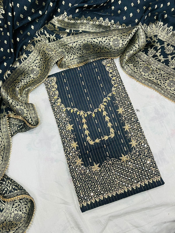 Pure Cotton Hand Work Unstitched Suit With Dola Silk Dupatta.