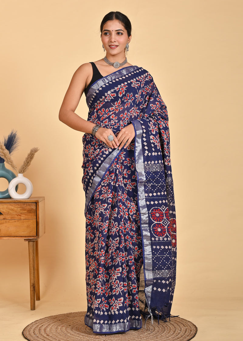 Hand Block Print Linen Saree with Blouse .