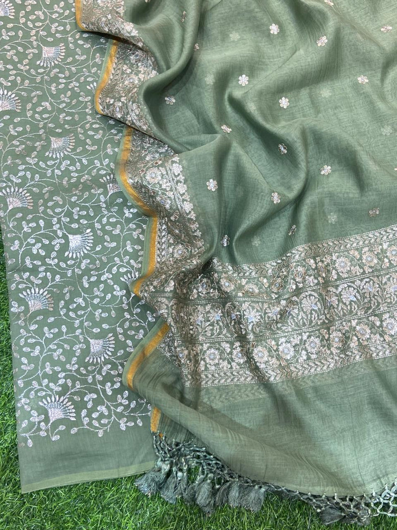 Pure Banarasi Mal Chanderi Silk Zari Embroidery Unstitched Suit With Banarasi Mal Chanderi Silk Dupatta..