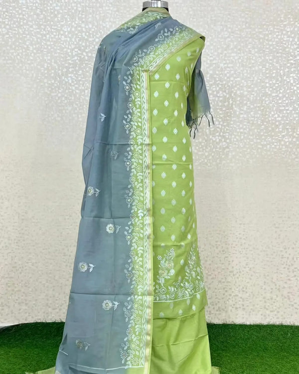 Banarasi Mercerised Chanderi Silk Resham weaved Unstitched Suit.