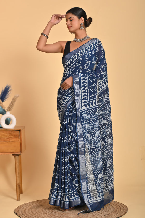 Hand Block Print Linen Saree with Blouse .