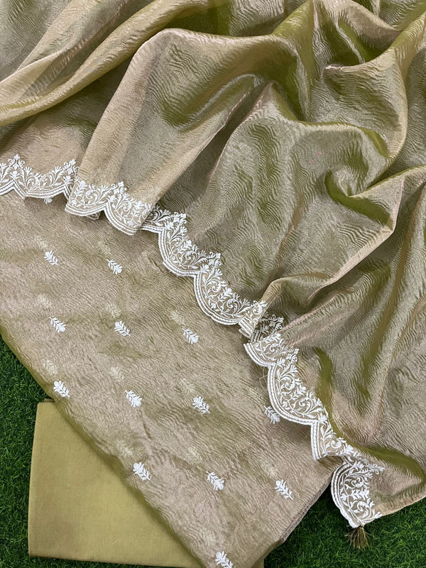 Banarasi Tissue Silk Embroidery Unstitched Suit with Tissue Crush Embroidery Dupatta.