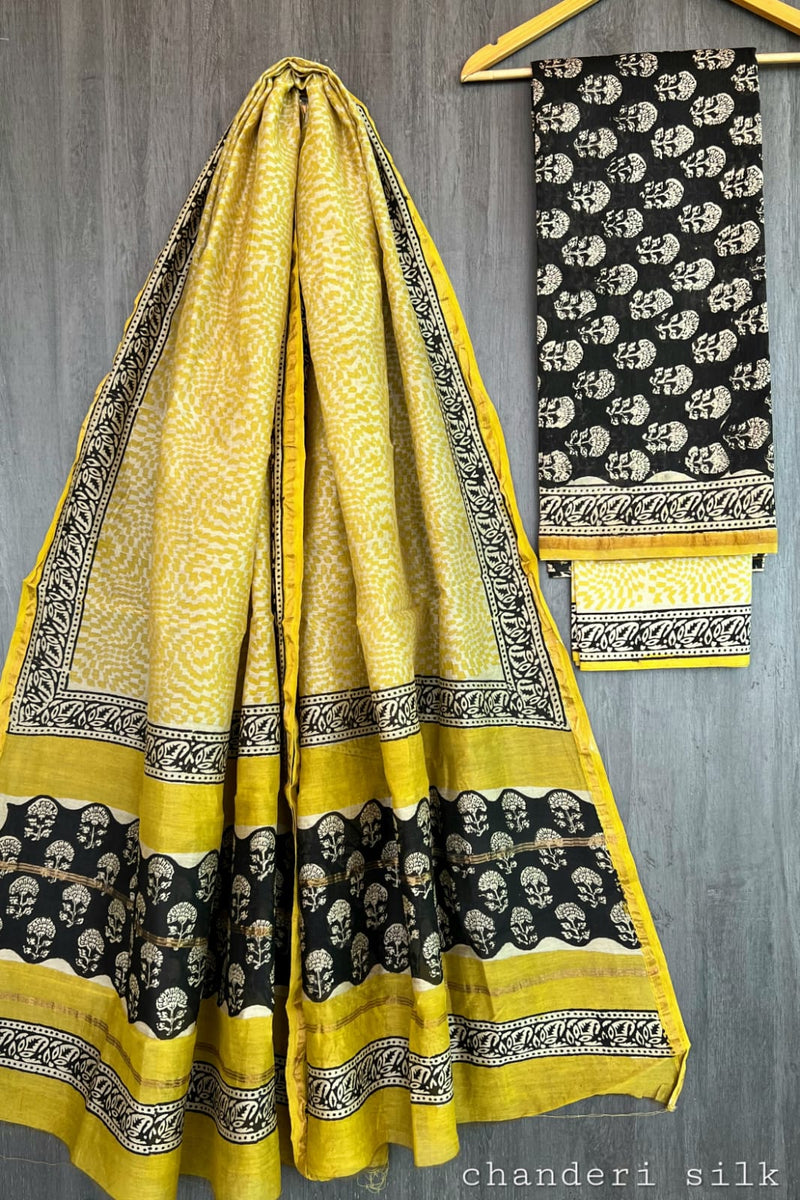 Pure Hand Block Chanderi Silk Unstitched Suit.