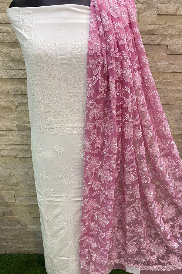 Pure MulMul Cotton Chikankari Unstitched Suit With Chikankari Hand Embroidery Jaal Dupatta