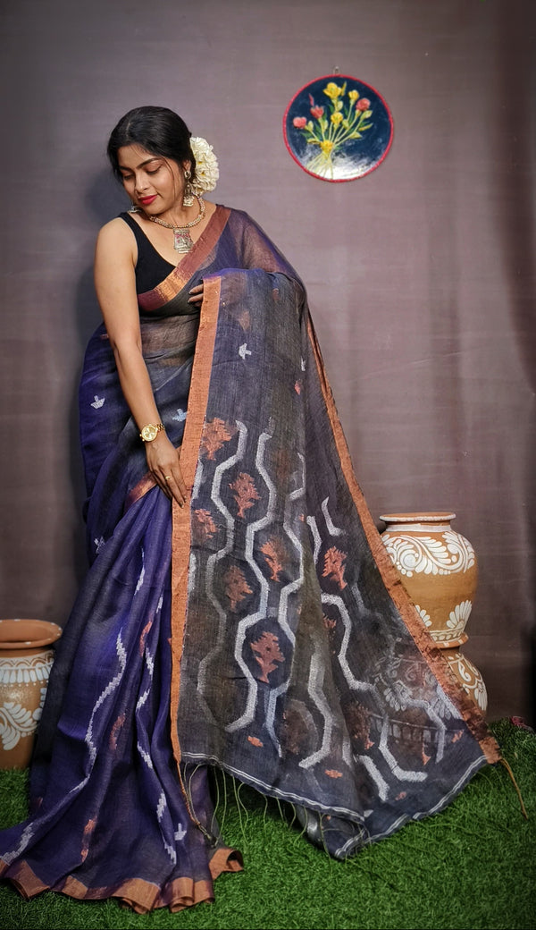 Pure Tissue Linen Silk Weaving Work Saree With Blouse.