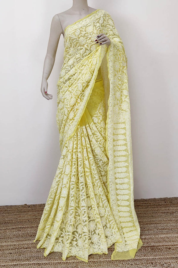 Pure Chiffon Georgette Chikankari Hand Embroidery Full Jaal Work Saree.