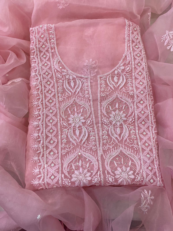 Pure Organza Chikankari Hand Work Unstitched Suit with Pearl Work