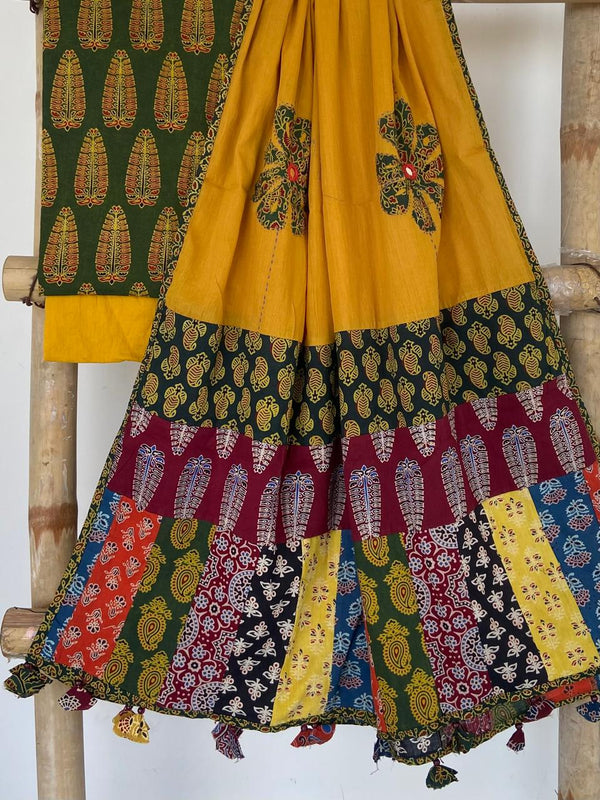 Pure Cotton Azrakh Print Unstitched suit With patch work Dupatta.