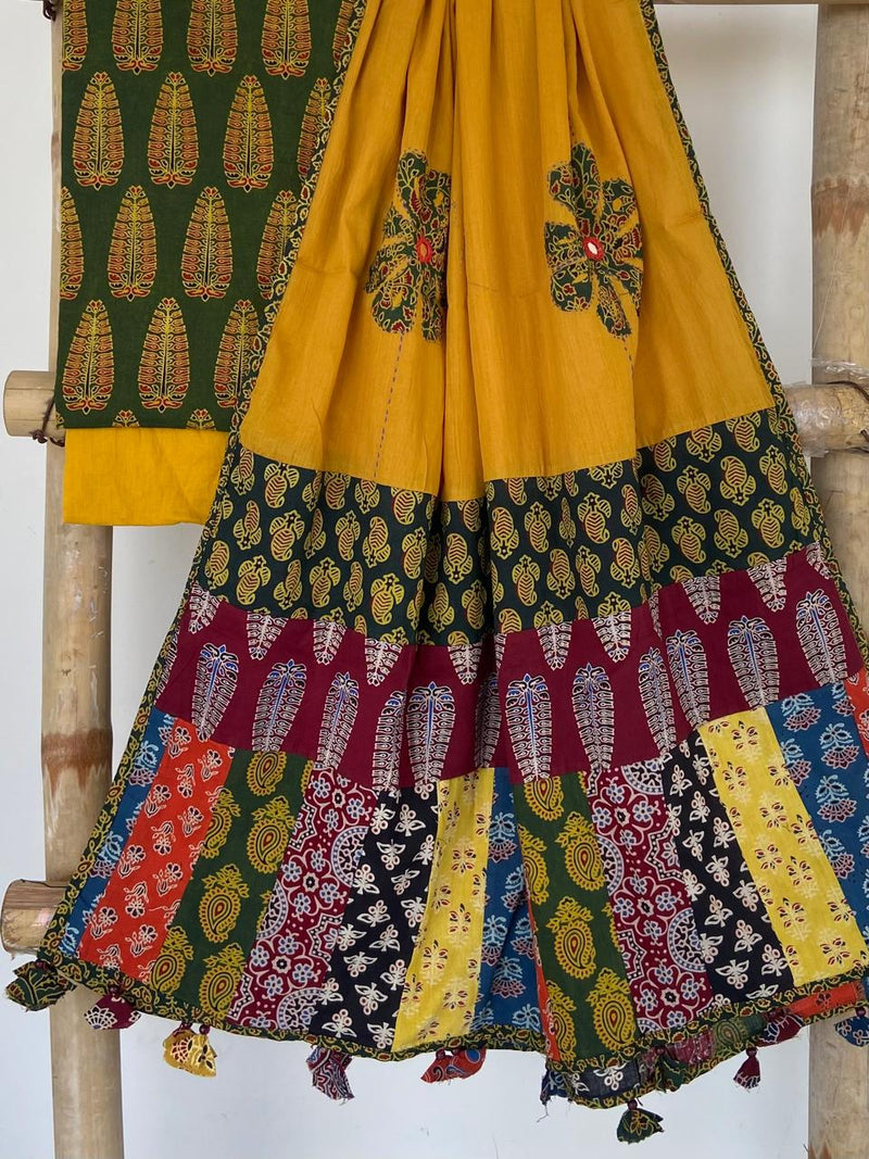 Pure Cotton Azrakh Print Unstitched suit With patch work Dupatta.