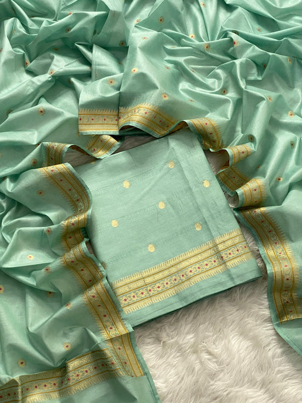 Pure Banarasi Chanderi Silk Meenakari Weaved Unstitched Suit.