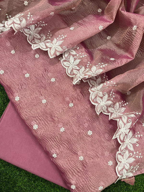 Banarasi Tissue Silk Embroidery Unstitched Suit with Tissue Crush Embroidery Dupatta.