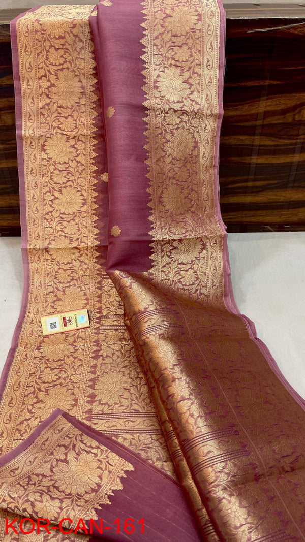 Pure Banarasi Kora Organza Silk Handwoven Zari Work Saree With Silk Mark Certificate ( Length- 6.3 Meter )