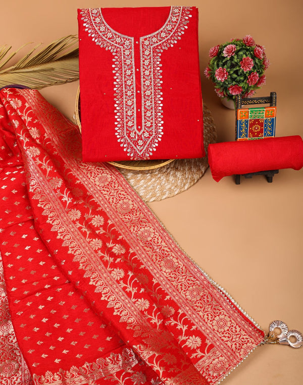 Pure Chanderi Silk Hand Work Unstitched Suit With Dhola Silk Dupatta.