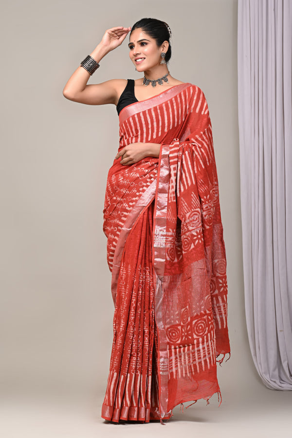 Hand Block Print Linen Saree with Blouse .