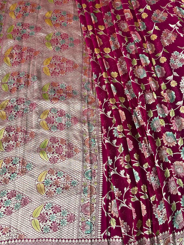 Pure Banaresi Khaddi Georgette Heavy Jaal Weaved Saree . ( Length- 6.3 Meter )