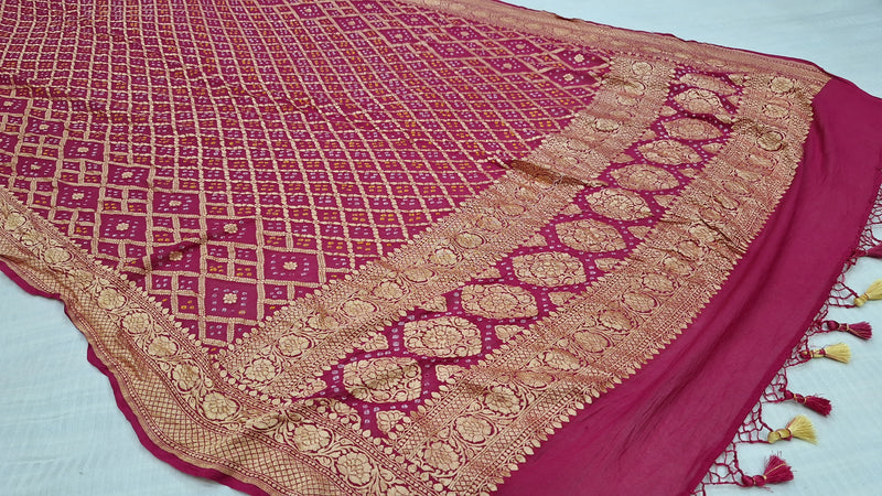 Pure Banarasi Handloom Khaddi Georgette Silk Dupatta With Bhandhej Print. ( Length-2.5 Meter )