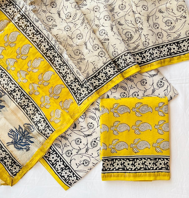 Pure Hand Block Chanderi Silk Unstitched Suit .