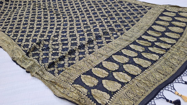 Pure Banarasi Handloom Khaddi Georgette Silk Dupatta With Bhandhej Print. ( Length-2.5 Meter )