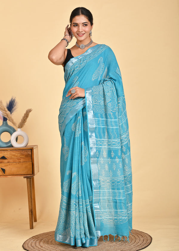 Hand Block Print Linen Saree with Blouse .