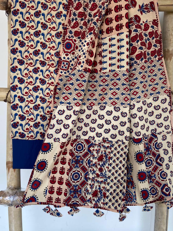 Pure Cotton Azrakh Print Unstitched suit With Patch Work Dupatta.