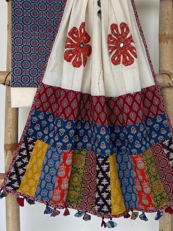 Pure Cotton Azrakh Print Unstitched suit With patch work Dupatta.