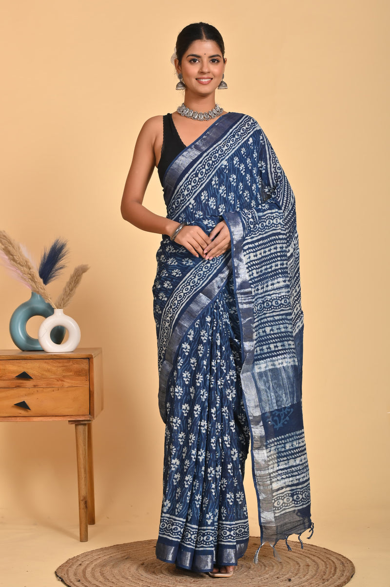 Hand Block Print Linen Saree with Blouse .