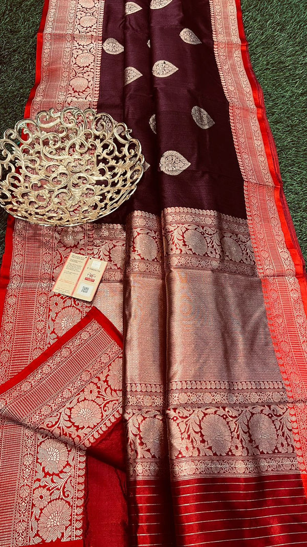 Handwoven Pure Banarasi Tussar Silk Saree With Antique Zari Work.