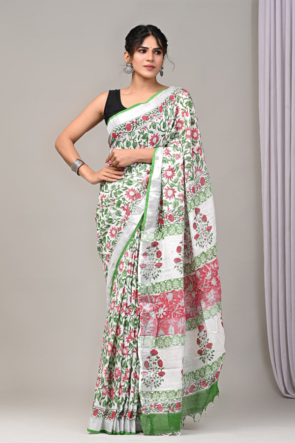 Hand Block Print Linen Saree with Blouse .