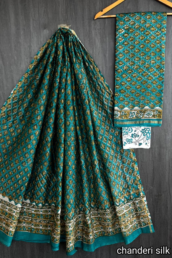 Pure Hand Block Chanderi Silk Unstitched Suit.