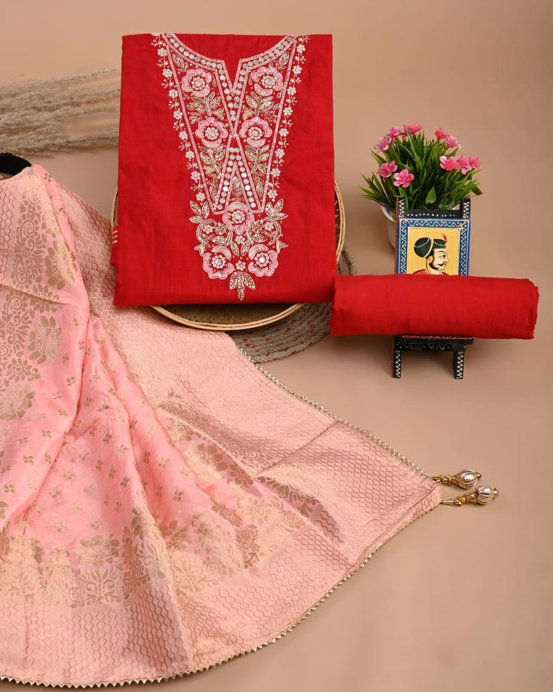 Pure Chanderi Silk Hand Work Unstitched Suit With Dhola Silk Dupatta.