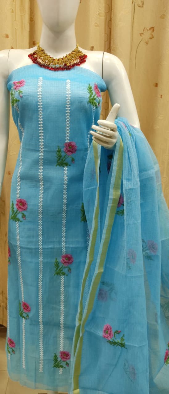 Pure kota Doriya Embroidery Work Unstitched Suit .