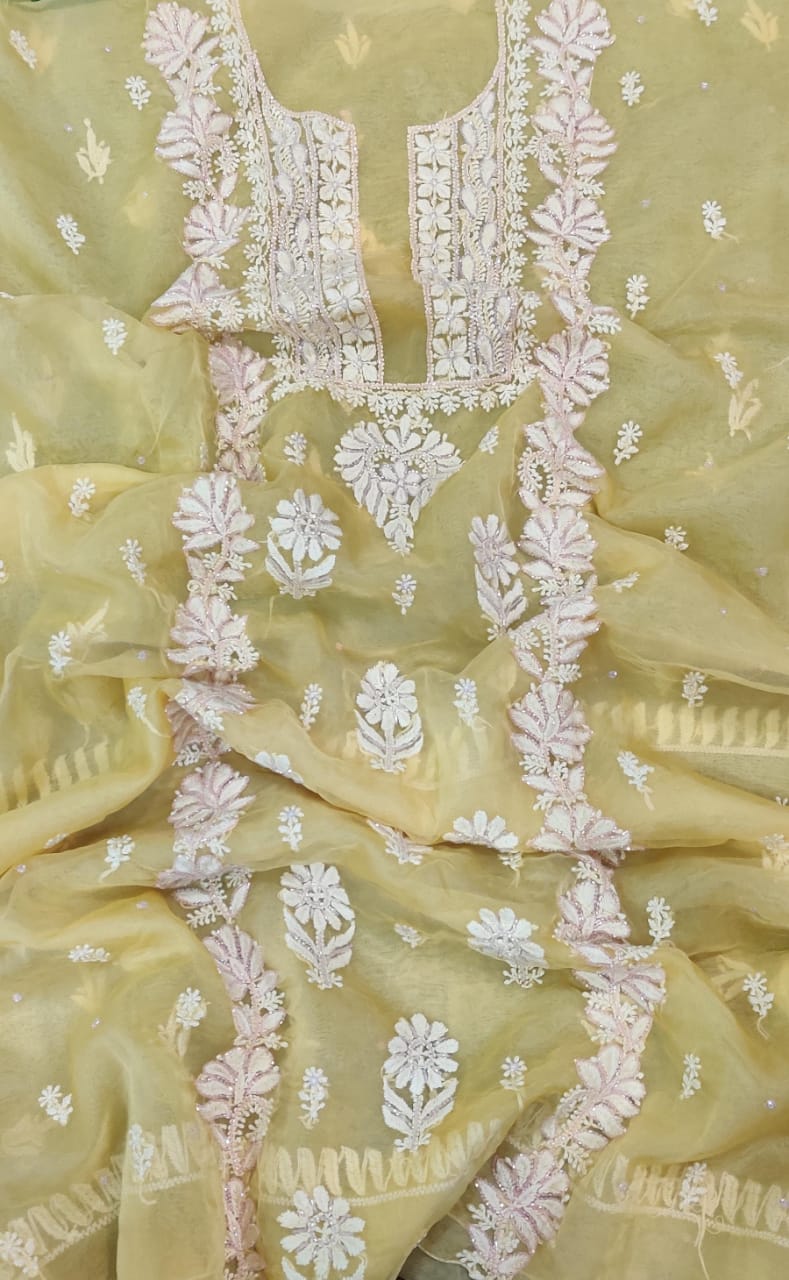 Pure Organza Silk Hand Chikankari Embroidery And Pearl Cut Dana Work Unstitched Suit.