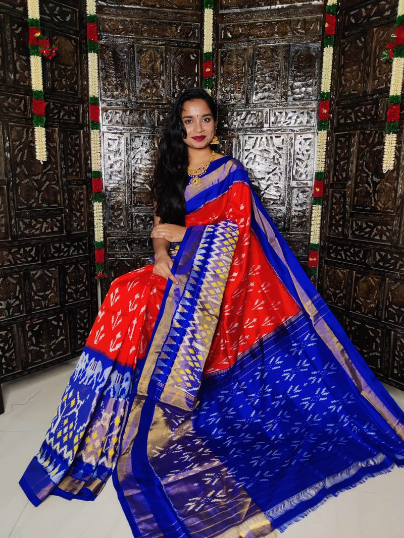 Pure Pochampally Ikkat Silk Saree With Blouse Pthani Pattern  Border.