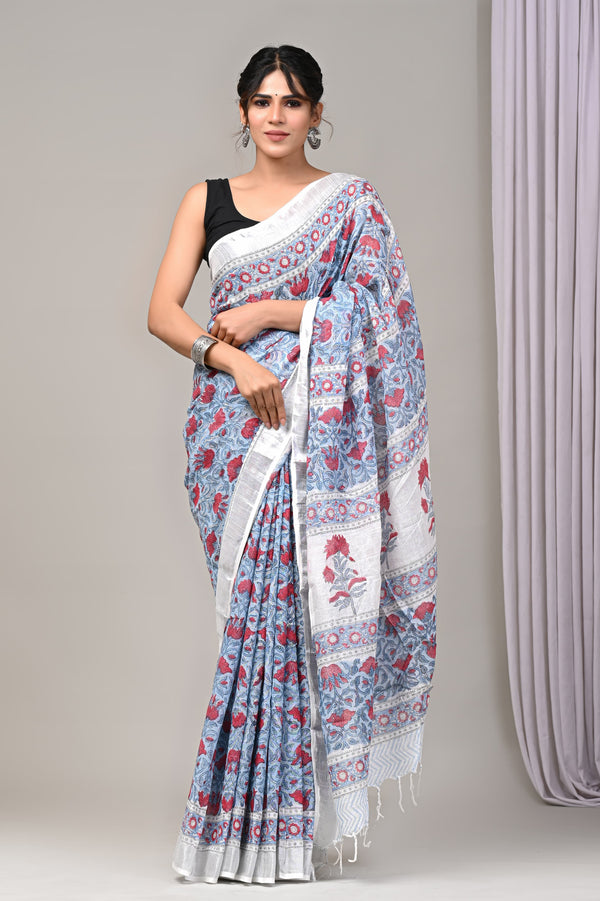 Hand Block Print Linen Saree with Blouse .