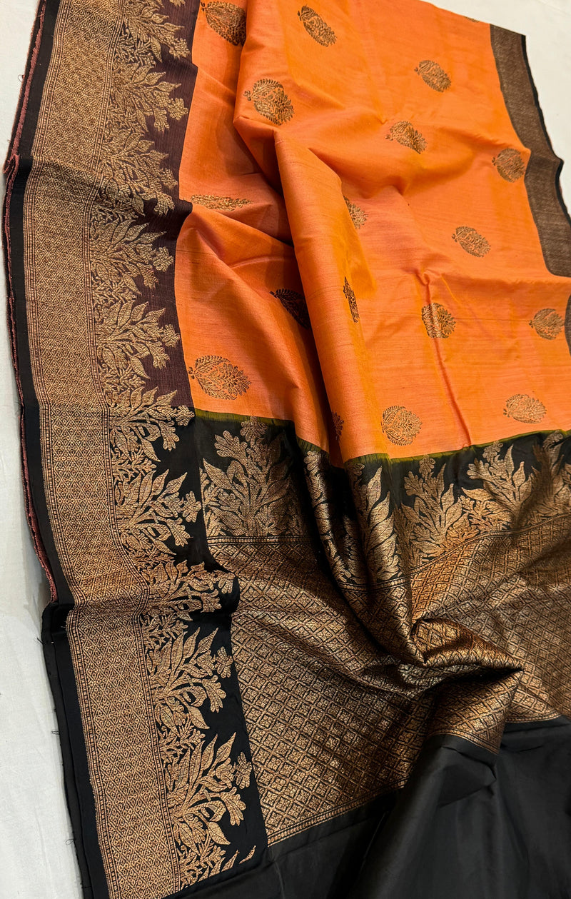 Handwoven Pure Banarasi Tussar Silk Saree With Antique Zari Work.