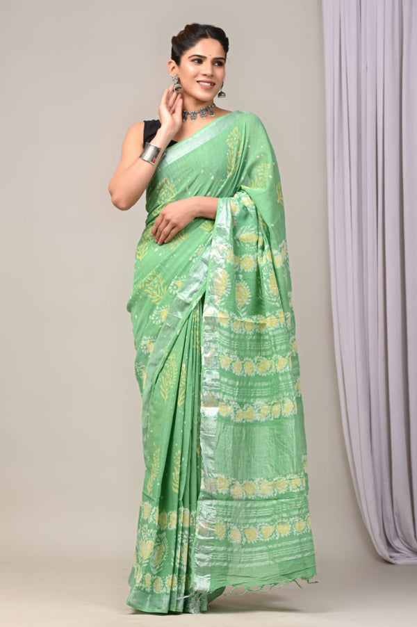 Hand Block Print Linen Saree with Blouse .