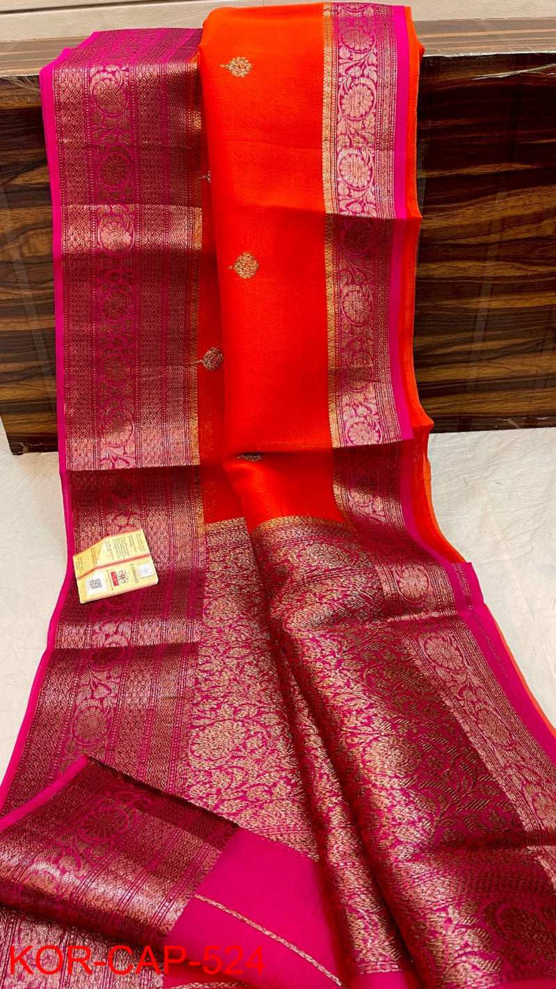 Pure Banarasi Kora Organza Silk Handwoven Zari Work Saree With Silk Mark Certificate ( Length- 6.3 Meter )