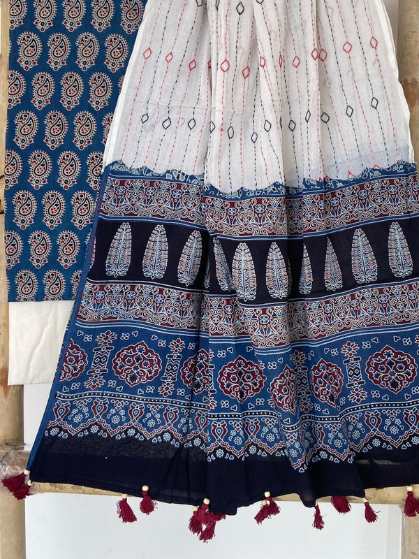 Pure Cotton Azrakh Print Unstitched suit With Hand kantha Work Dupatta .