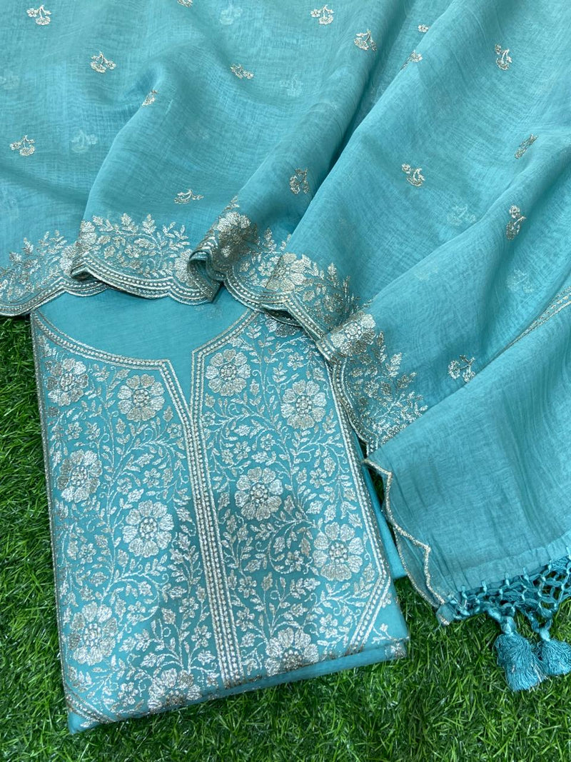 Pure Banarasi Resham Mal Chanderi Silk Zari  Unstitched Suit with Beautiful Neck Embroidery.