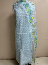 Pure Cotton Chikankari Work Unstitched Suit With Hand Print Kota Doriya Dupatta.