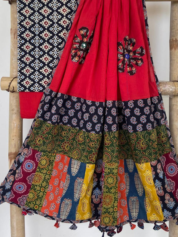 Pure Cotton Azrakh Print Unstitched suit With patch work Dupatta.