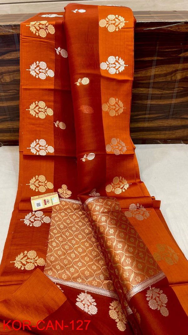 Pure Banarasi Kora Organza Silk Handwoven Zari Work Saree With Silk Mark Certificate ( Length- 6.3 Meter )