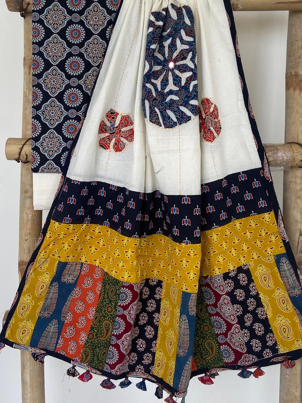 Pure Cotton Azrakh Print Unstitched suit With patch work Dupatta.