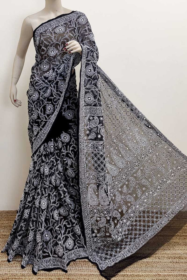 Pure Chiffon Georgette Chikankari Hand Embroidery Full Jaal Work Saree.