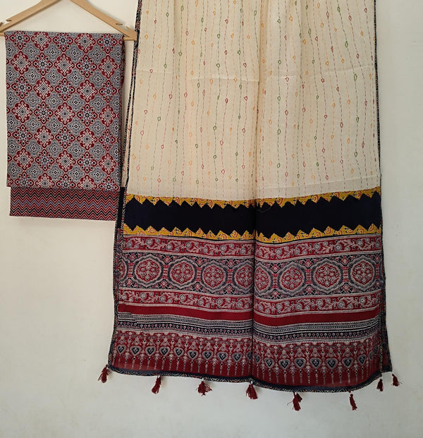 Pure Cotton Azrakh Print Unstitched suit With Patch Work Dupatta.