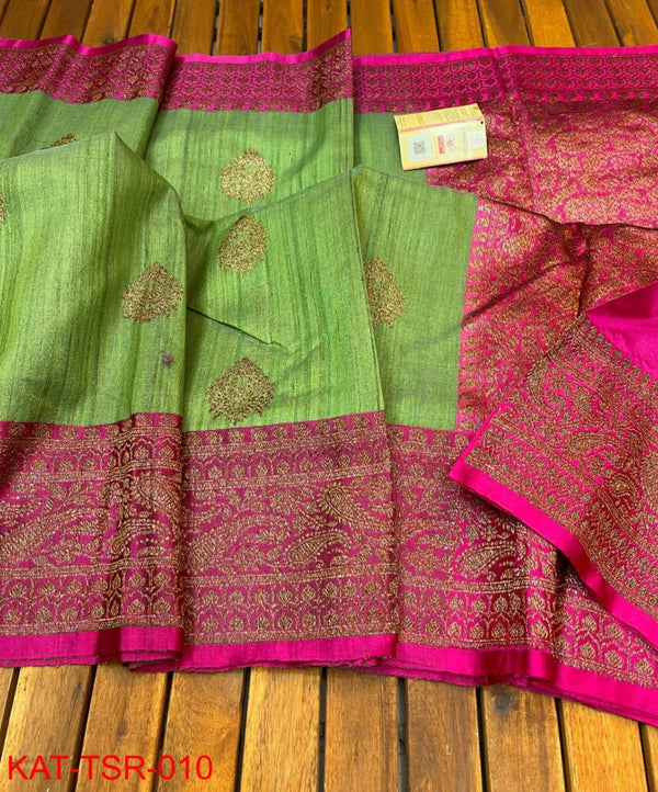 Handwoven Pure Banarasi Tussar Silk Saree With Antique Zari Work.