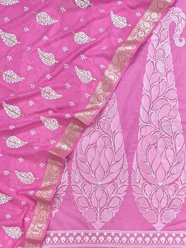 Banarasi Chanderi Silk Zari work unstitched Suit With Chanderi Silk Zari Work Dupatta.