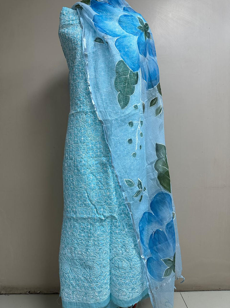 Pure Cotton Chikankari Work Unstitched Suit With Hand Print Kota Doriya Dupatta.