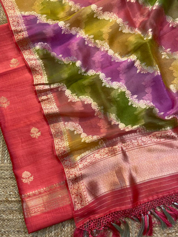 Pure Banarasi Handloom Raw Silk Zari Work Unstitched Suit With Organza Khhadi Dupatta.